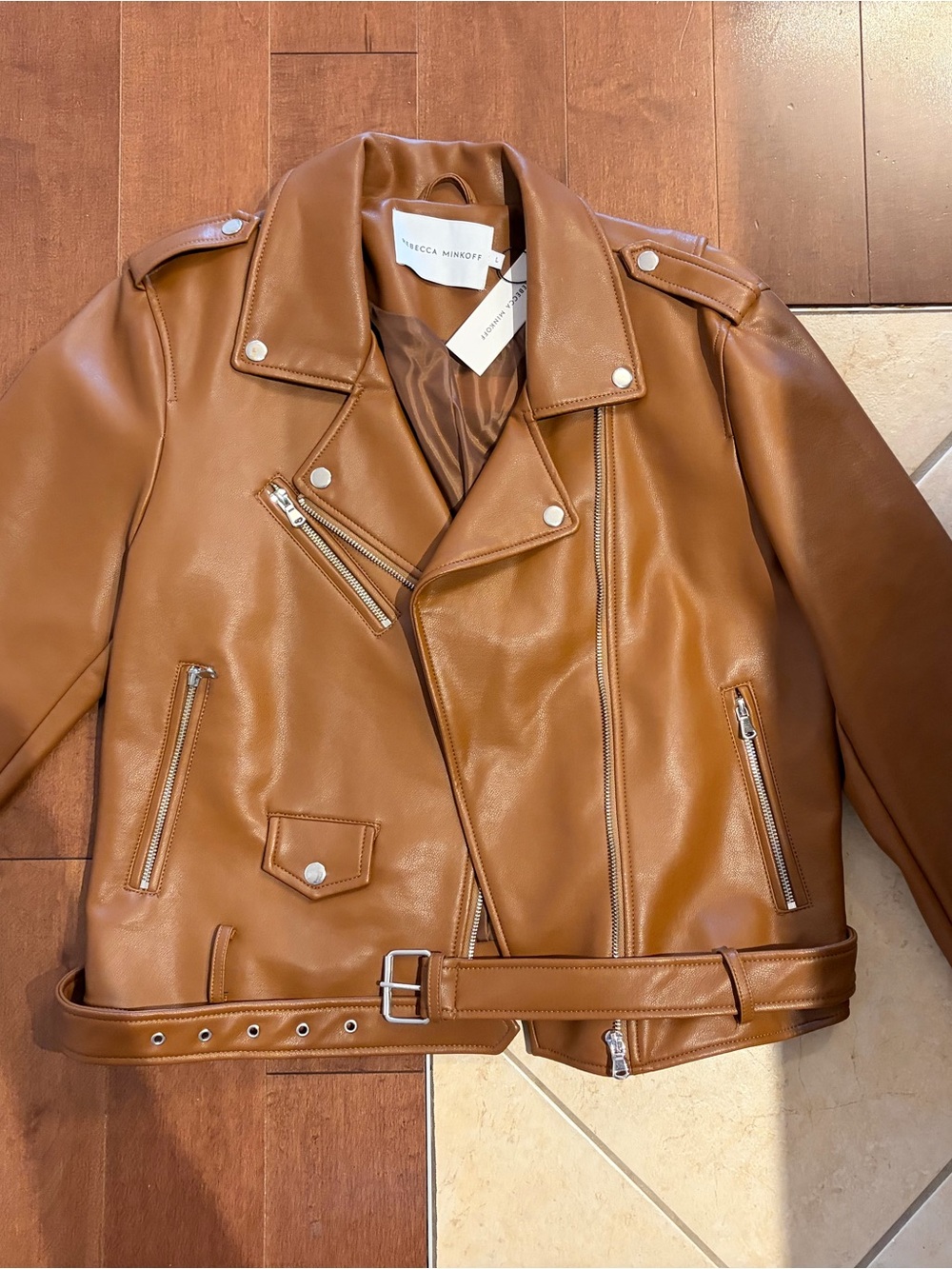 Rebecca Minkoff womens Cognac Leather Biker Jacket